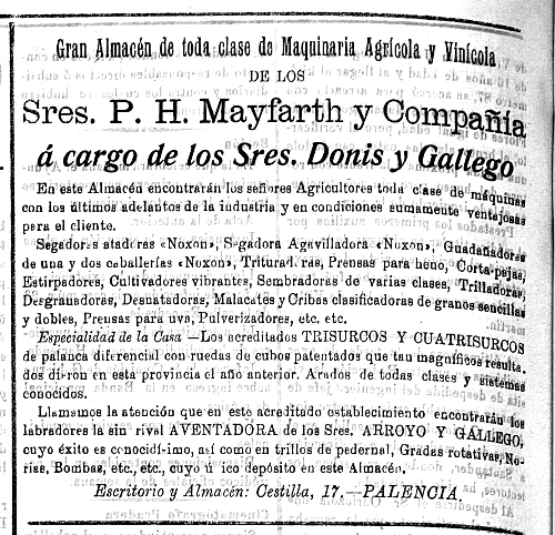 Anuncio de Ph.Mayfarth (París) y un almacén de Palencia 1909.