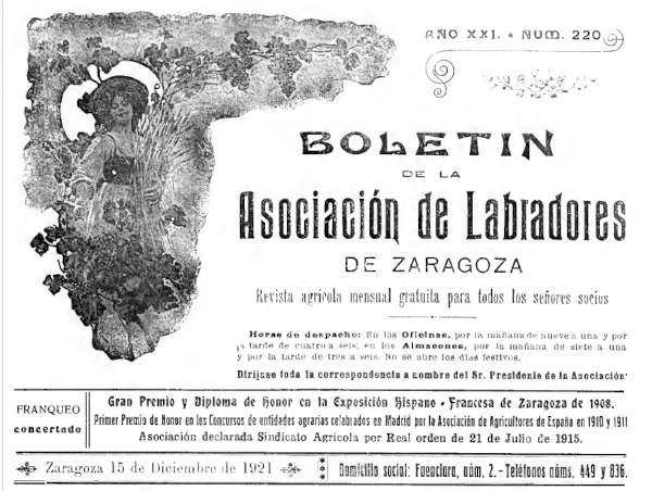 Cabecera de 1921 del Boletín de la asociación de labradores de Zaragoza.