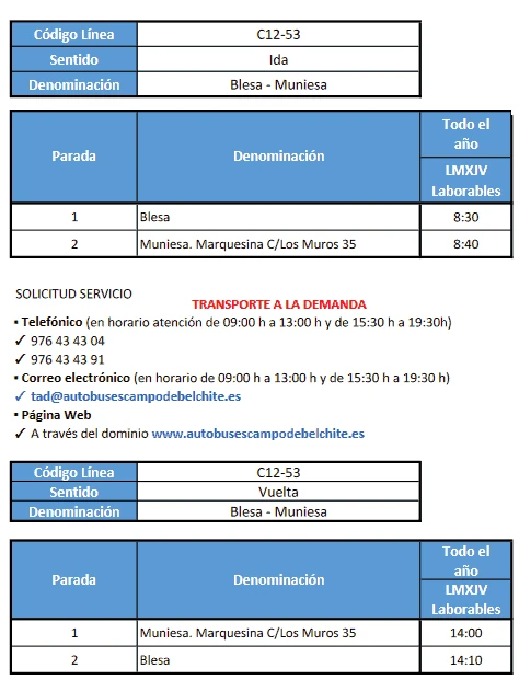 Horarios Blesa-Muniesa (Teruel)