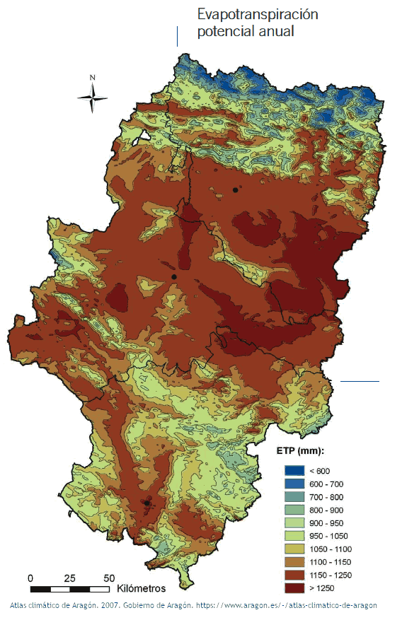 Mapa de Aragón, España, Europa), evapotranspiración en Aragón