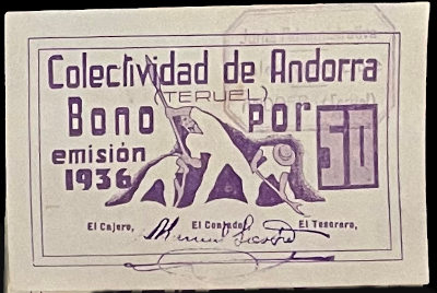 Andorra (Teruel) bono por 50 enteros, moneda divisionaria durante la guerra civil de 1936